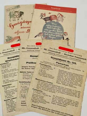 Konvolut, "Rezeptdienst", NS-Frauenschaft/Deutsches Frauenwerk, Reichsausschuss für Volkswirtschaftliche Aufklärung, 5 Hefte/Blätter, 20,5 x 14,5 cm, 1935-1942, guter Zustand
