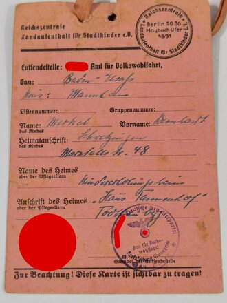NSV Ausweis "Landesaufenthalt für Stadtkinder", Bernhart Merkel, Schwetzingen, Kreis Mannheim, Gau Baden-Elsass, 15 x 10,5 datiert 24.08.1943