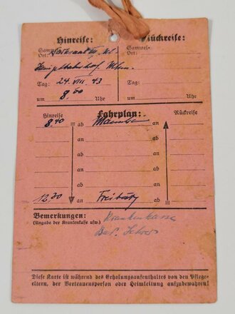 NSV Ausweis "Landesaufenthalt für Stadtkinder", Bernhart Merkel, Schwetzingen, Kreis Mannheim, Gau Baden-Elsass, 15 x 10,5 datiert 24.08.1943