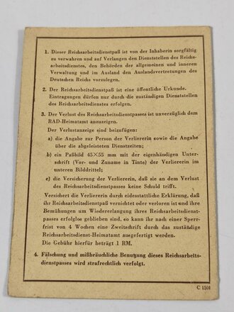 RAD  Reichsarbeitsdienst für die weibliche Jugend, Paß, Frankfurt, 1944, guter Zustand