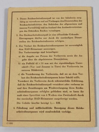 RAD , Reichsarbeitsdienst für die weibliche Jugend, Paß , Jüterborg, 1941, sehr guter Zustand