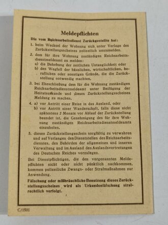 RAD Reichsarbeitsdienst, Reichsarbeitsdienst für die weibliche Jugend, Zurückstellungsschein , Stuttgart-Cannstatt, 1941, sehr guter Zustand