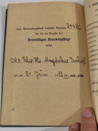 DRK Deutsches Rotes Kreuz, Verwendungsbuch , Kassel, 1944, sehr guter Zustand