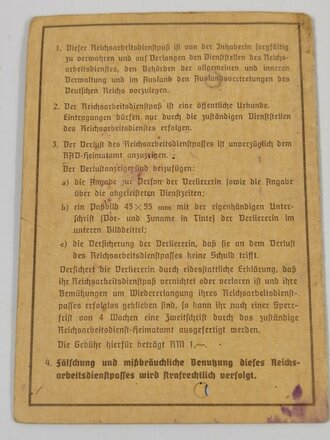 RAD Reichsarbeitsdienst, Reichsarbeitsdienst für die weibliche Jugend, Paß , Magdeburg, 1940, gebrauchter Zustand
