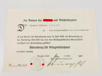 Ehrenkreuz für Kriegsteilnehmer, zusammengehöriges Set