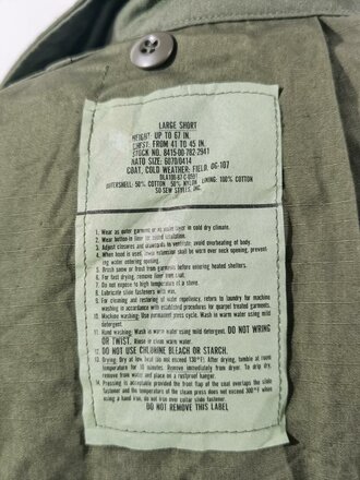 U.S. Field jacket M65, most likely unused, size large short, dated 1987, Schulterbreite: 57 cm Armlänge: 63 cm