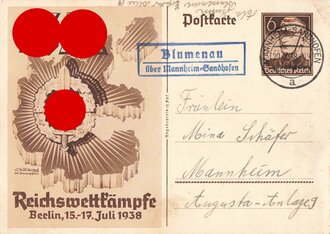 Postkarte "SA. Reichswettkämpfe, Berlin 15.-17.Juli 1938", Sonderstempel "Blumenau über Mannheim-Sandhofen"