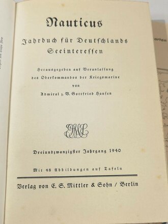 "Nauticus. Jahrbuch für Deutschlands Seeinteressen", Gottfried Hansen, 23. Jahrgang, 1940, 358 Seiten, gebraucht, DIN A5