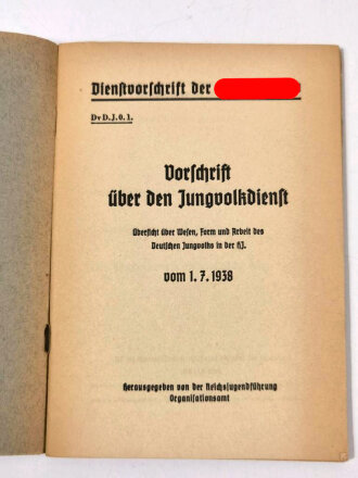 "Dienstvorschrift der Hiltlerjugend. Vorschrift über den Jungvolkdienst vom 1.7.1938", hrsg. v. der Reichjugendführung, 64 Seiten, gebraucht, DIN A5