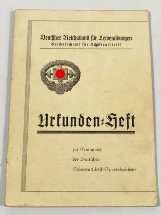 Urkunden Heft eines Angehörigen der Luftwaffe zur Erlangung des Deutschen Schwerathletik Sportabzeichens, eingetragen sind diverse Aktivitäten, aber keine Verleihung.