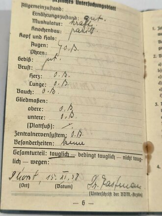 Leistungsbuch zum BDM Leistungsabzeichen, eingetragenes Stück mit  Verleihungsnummer 64368 einer Angehörigen im Untergau 382 Delmenhorst