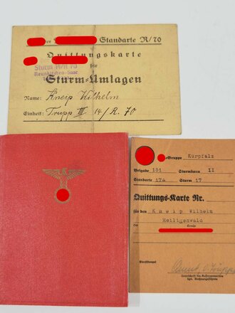 NSDAP Mitgliedsbuch sowie zwei Quittungskarten für einen SA Mann aus Heiligenwald