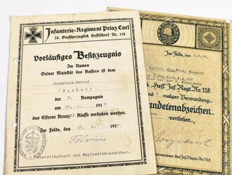 Hessen,  Verleihungsurkunden für einen Angehörigen im I.R. Nr.118, Verwundetenabzeichen schwarz und Eisernes Kreuz II.Klasse