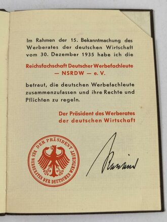 Berufsausweis eines Werbefachmann, ausgestellt 1936,...