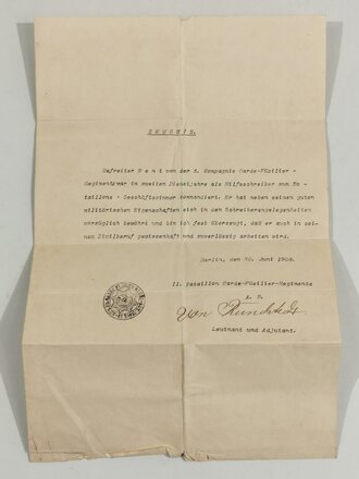 Gerd von Rundstedt, eigenhändige Unterschrift auf Zeugnis eines Gefreiten, Berlin, 30.06.1906, A3
