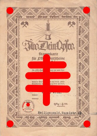 NSV Nationalsozialistische Volkswohlfahrt, "Stammkarte für NSV-Gutscheine", Heiligenwald, 1935, gebraucht 19,5 x 14 cm