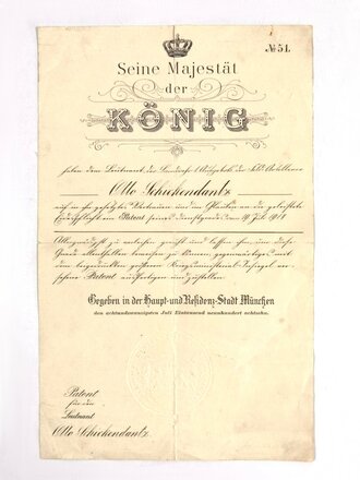 Patent für den Dienstgrad eines Leutnants, No. 51, München, 19.07.1914, 33 x 21 cm, gebraucht