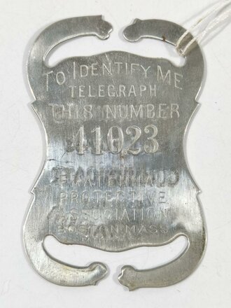 U.S. 1899 dated Insurance Badge "To ID Me Telegraph this Number", ca 6,5 x 4 cm, good condition