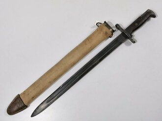 U.S. Army before WWI, Bayonet M1905 and leather Scabbard M1910 with canvas Covering for Springfield M1903 Rifle, dated 1908, 55 cm, good condition