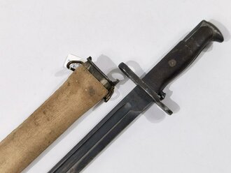 U.S. Army before WWI, Bayonet M1905 and leather Scabbard M1910 with canvas Covering for Springfield M1903 Rifle, dated 1908, 55 cm, good condition