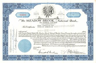 Aktie "The Meadow Brook National Bank of Nassau County", 01.08.1957, DIN A4