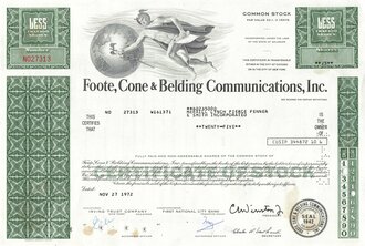 Aktie "Foote, Cone & Belding, Communications Inc.", 27.11.1972, DIN A4