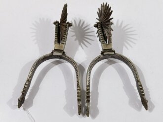 Pair of engraved and etched Spurs, "Chilean 16th Century Style", Iron/Nickel, 20 x 10 cm, good condition