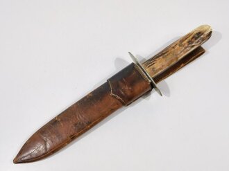 Bowie Knive with bone made handle shells and leather scabbard, "B&D", Blade 23 cm, total length 36 cm, good condition