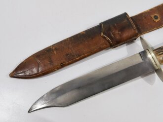 Bowie Knive with bone made handle shells and leather scabbard, "B&D", Blade 23 cm, total length 36 cm, good condition