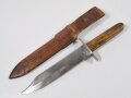 Bowie Knive with bone made handle shells and leather scabbard, "B&D", Blade 23 cm, total length 36 cm, good condition
