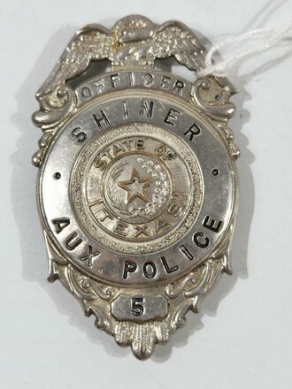 U.S, State of Texas Aux. Police  badge, silver plated metal, 5,5 x 3,5 cm, good condition