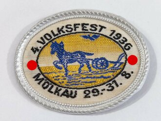 Blechabzeichen mit Textilüberzug, "4. Volksfest Mölkau", 29. bis 31.08. 1936, ca. 4,5 x 3,5 cm, guter Zustand