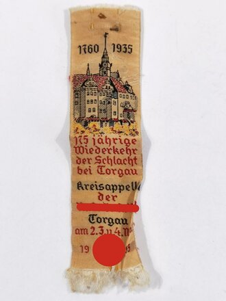 Stoffabzeichen "175 jährige Wiederkehr der Schlacht bei Torgau", Kreiskapelle der NSDAP, 02. bis 04. 11.1935, ca. 14 x 3,5 cm, gebrauchter Zustand