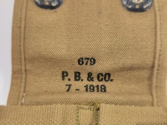 U.S. Army WWI, AEF Ammunition Pouch M1918 for . 45 automatic pistol, "679 P.B. & Co. 7 - 1918", vgc, the "USMC" stenceling is most likely  modern added