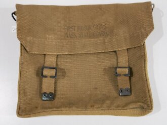 U.S. most likely WWI era Mills manufactured Haversack similar to British 1908 pattern.,"First Motor Corps Mass. State Guard"  Stamp,  29 x 25 x 5 cm, good condition