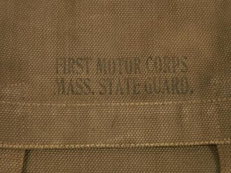 U.S. most likely WWI era Mills manufactured Haversack similar to British 1908 pattern.,"First Motor Corps Mass. State Guard"  Stamp,  29 x 25 x 5 cm, good condition