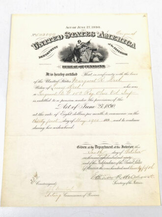 U.S. Pension Certificate for a Soldier Widow, No. 500899,...