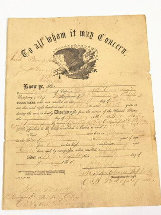 U.S. Civil War Certificate of Discharge, Union Army, Regiment of Indiana Heavy Artillery Volunteers, 20.01.1866, DIN A4
