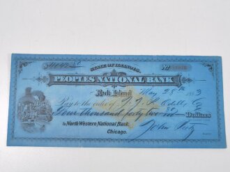 Check "State of Illinois Peoples National Bank, Rock Island", 28.05.1883, DIN A5