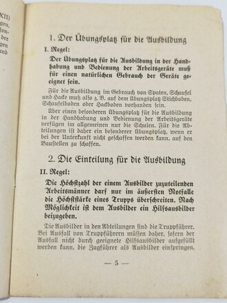 "Grundsätzliche Regeln für die Ausbildung in der Handhabung und Bedienung der Arbeitsgeräte", Reichsarbeitsdienst, 10 Seiten, 1941, gebraucht, DIN A5