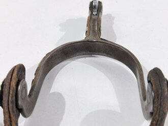 U.S., Pair of Western Style Lady Leg Spurs, like Tom Johnson SR, not hallmarked, Iron/Cupper/Leather, gc