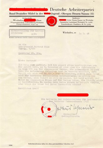 BDM, Brief von Ringführerin an Mädel, Wiesbaden 05.09.1943, guter Zustand, DIN A4
