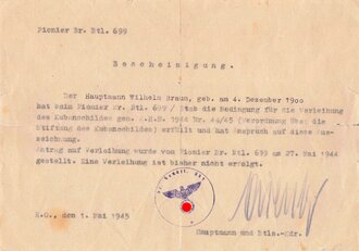 Pionier Br. Btl. 699, Antrag über Verleihung des Kubanschildes, 01.05.1945(!), gebraucht, DIN A5