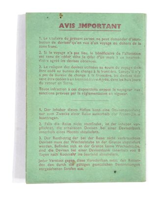 Französische Besatzungszone, Carnet de Voyage/Reiseheft, St. Wendel, 13.01.1958, gebraucht, DIN A6