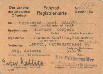 Fahrrad-Registrierkarte, Langen, 05.05.1946, gebraucht