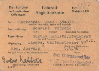 Fahrrad-Registrierkarte, Langen, 05.05.1946, gebraucht