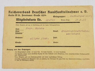 Mitgliedskarte Reichsverband deutscher Rundfunkteilnehmer, Harburg, 17.08.1933, gebraucht, DIN A6