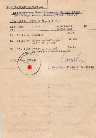 Stab/Radf. Sich. Rgt. 3, Listenauszug über Sturm- und Nahkampftage, 05.01.1944, gebraucht, DIN A5