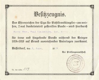 Liga der Nichtfrontkämpfer, Besitzzeugnis für das Ehrenzeichen am Bande, Düsseldorf 02.02.1927, gebraucht, DIN A5