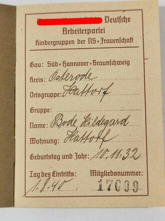 Mitgliedskarte "Kindergruppen der NS-Frauenschaft", Gau Süd-Hannover-Braunschweig, 01.08.19140, sehr guter Zustand, kleinformat